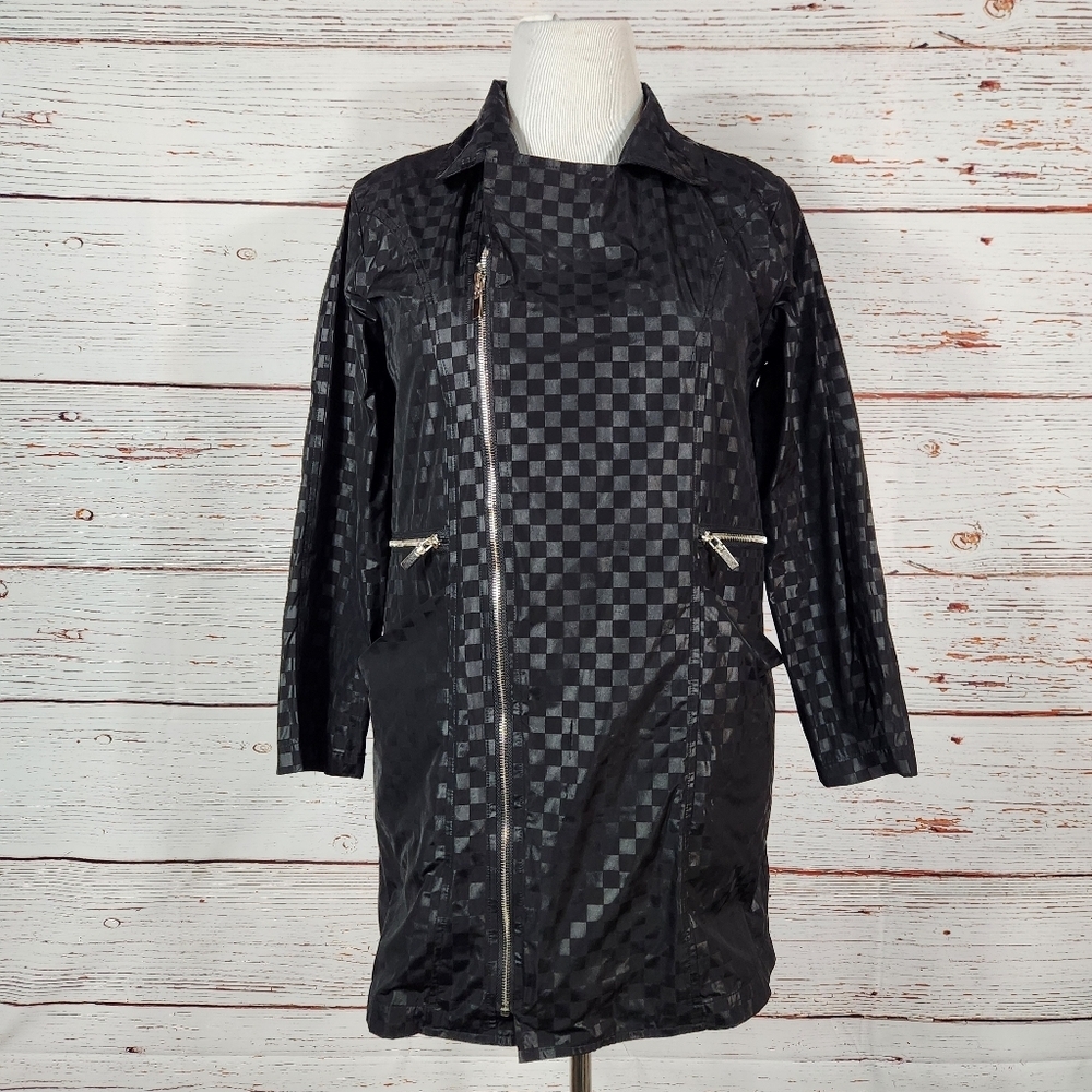 SUN KIM Asymmetrical Black Checkered Rain Coat Jacket Size Small